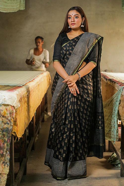 Hand Block Printed Chanderi Silk Saree-9