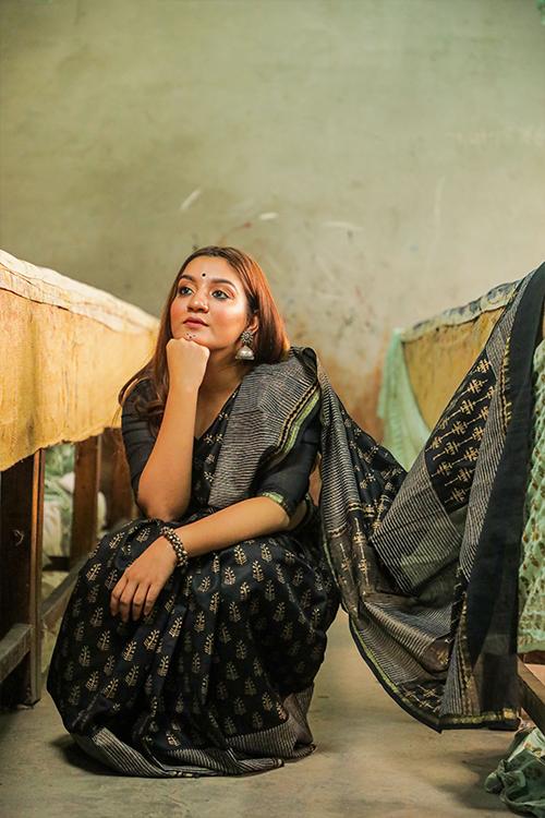 Hand Block Printed Chanderi Silk Saree-9