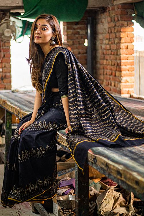 Hand Block Printed Chanderi Silk Saree-10