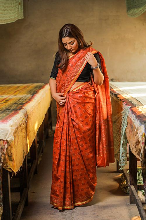 Hand Block Printed Chanderi Silk Saree-13