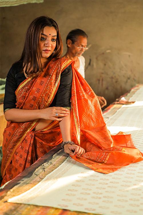 Hand Block Printed Chanderi Silk Saree-13