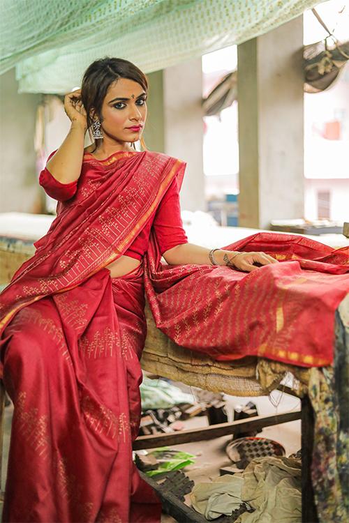 Hand Block Printed Chanderi Silk Saree-15