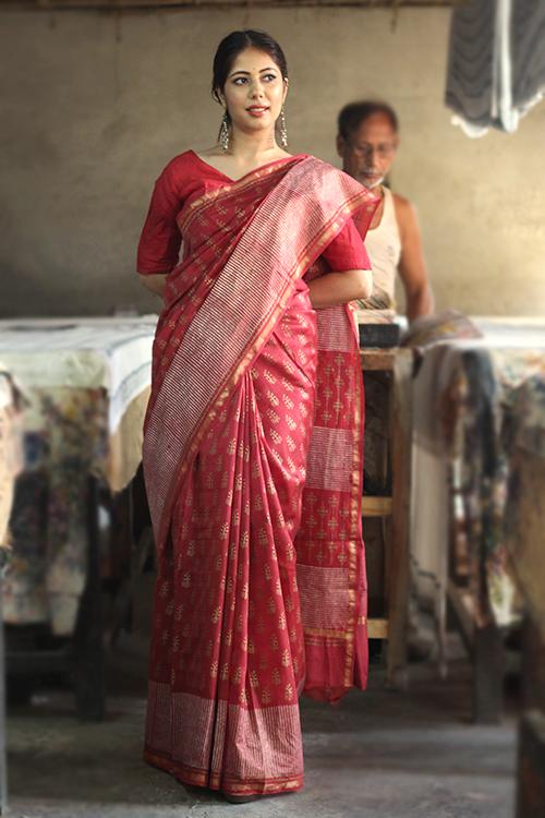 Handblock Print Chanderi Silk Saree-5