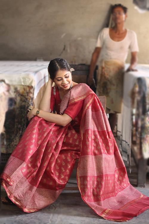 Handblock Print Chanderi Silk Saree-5