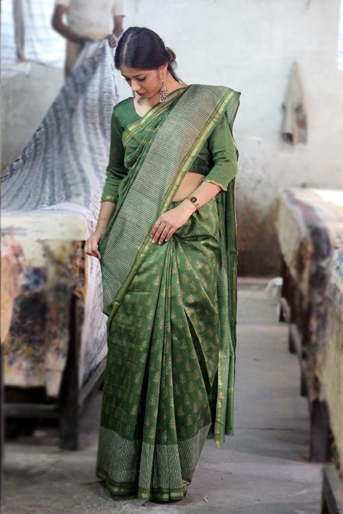 Handblock Print Chanderi Silk Saree-7