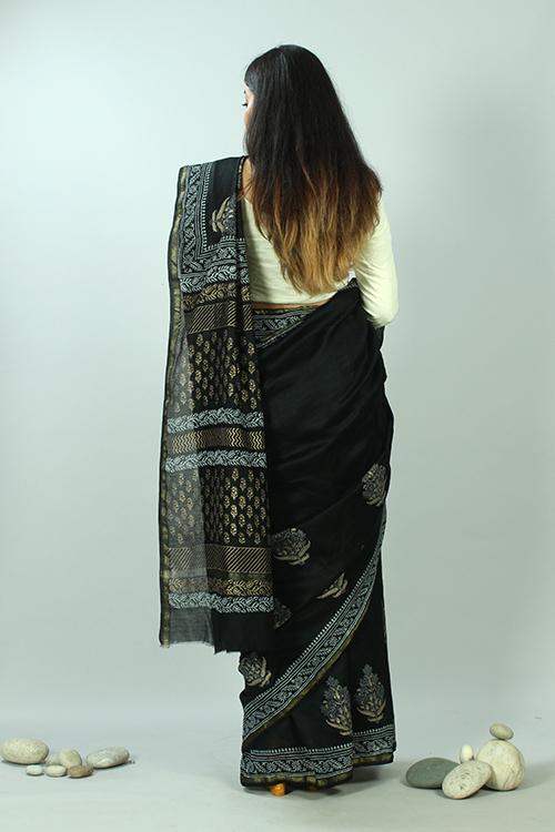 Hand Block Printed Chanderi Silk Saree-11