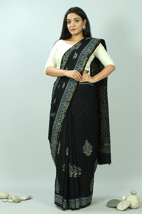 Hand Block Printed Chanderi Silk Saree-11
