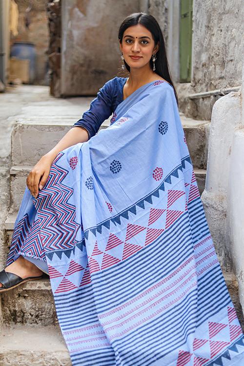 Summer Blues: Handblock Print Mul Cotton Saree