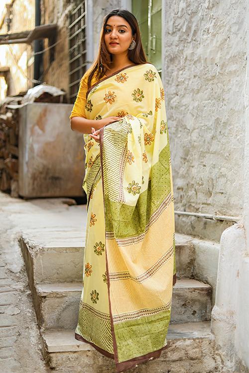 Mango Blossoms: Handblock Print Mul Cotton Saree