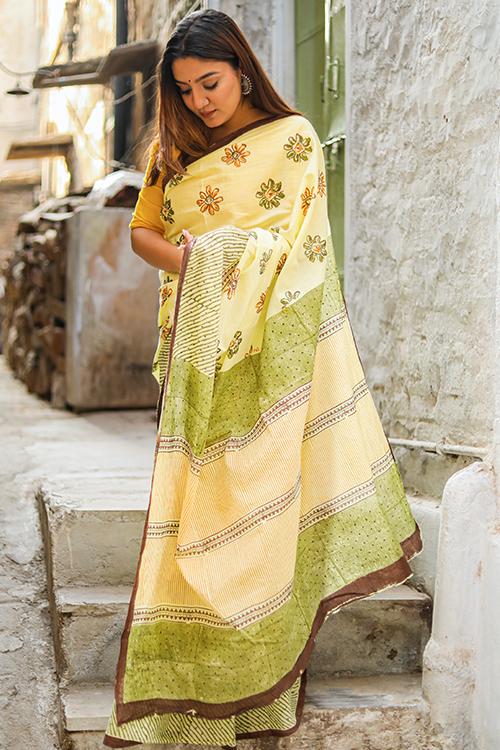 Mango Blossoms: Handblock Print Mul Cotton Saree