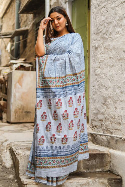 Afternoon Breeze: Handblock Print Mul Cotton Saree
