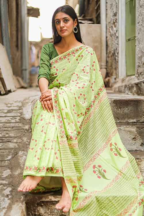 Kachcha Aam: Handblock Print Mul Cotton Saree