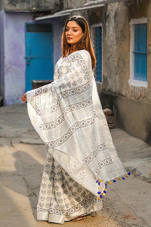 Peace Lily: Handblock Printed Slub Cotton Saree