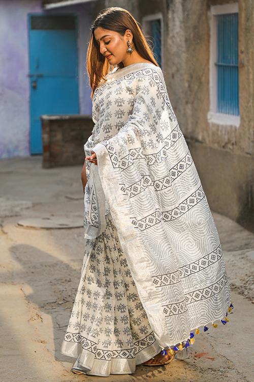 Peace Lily: Handblock Printed Slub Cotton Saree