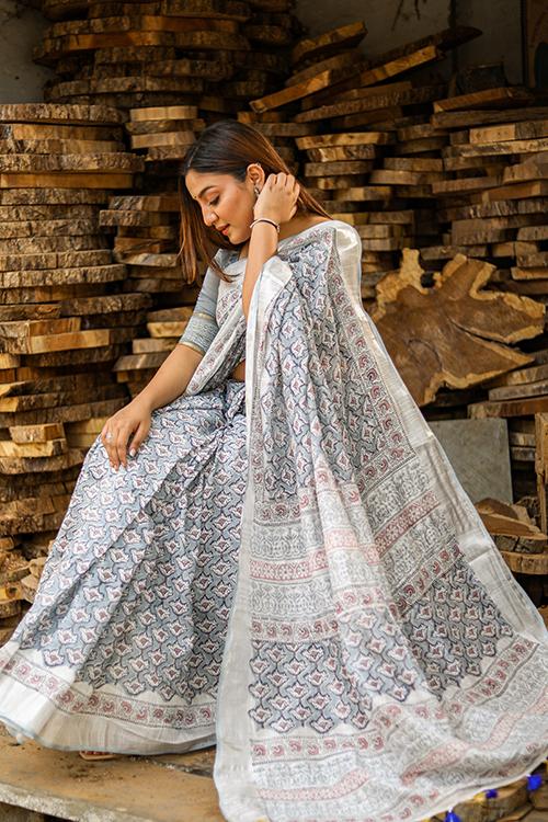 Bliss : Handblock Print Slub Cotton Saree