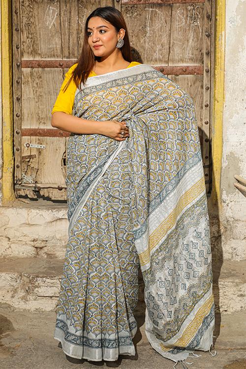 Tippy-Top: Handblock Printed Slub Cotton Saree
