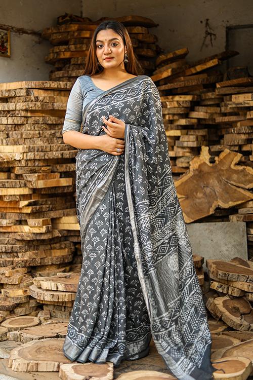 Chalk & Slate: Handblock Printed Slub Cotton Saree
