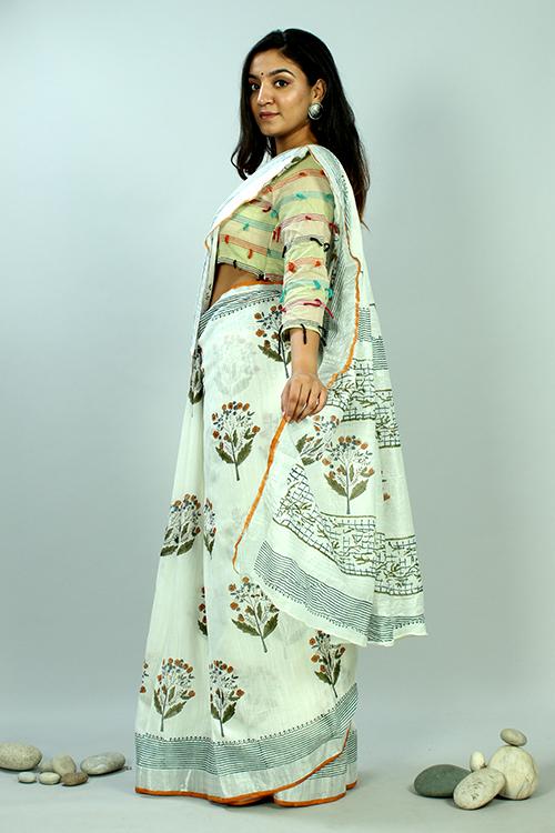 Handblock Printed Slub Cotton Saree-18