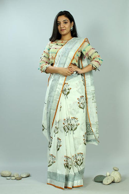 Handblock Printed Slub Cotton Saree-18