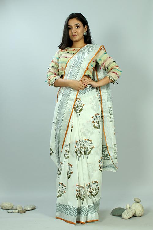 Handblock Printed Slub Cotton Saree-18