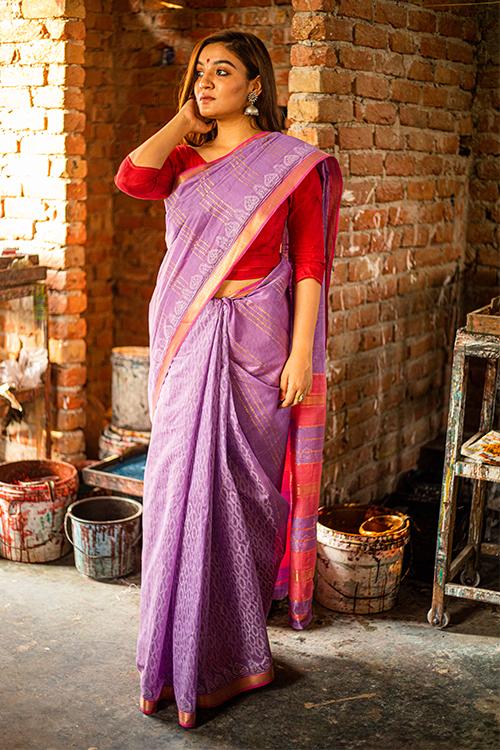 Discharge Handblock Print Maheshwari Silk Saree-16
