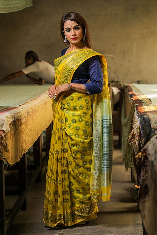Discharge Handblock Print Maheshwari Silk Saree-17