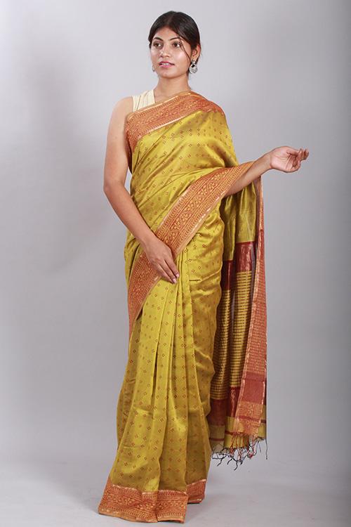 Discharge Handblock Print Maheshwari Silk Saree-18