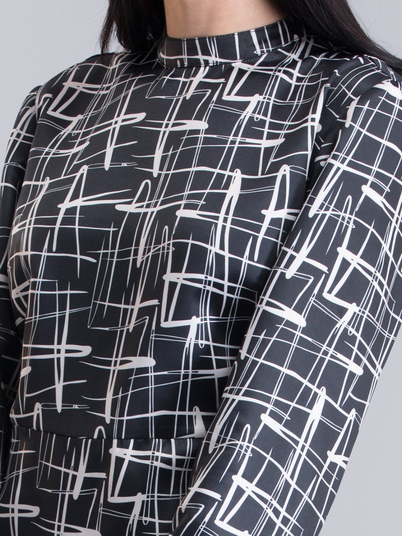Satin Abstract Print A Line Dress - Black and White