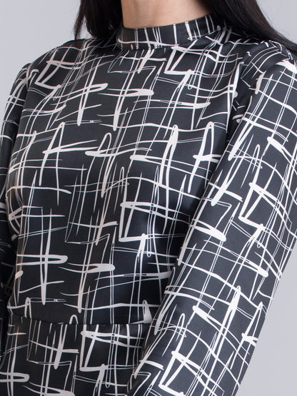 Satin Abstract Print A Line Dress - Black and White