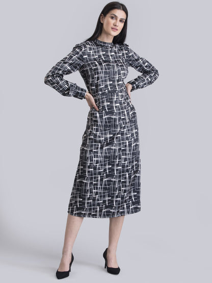 Satin Abstract Print A Line Dress - Black and White