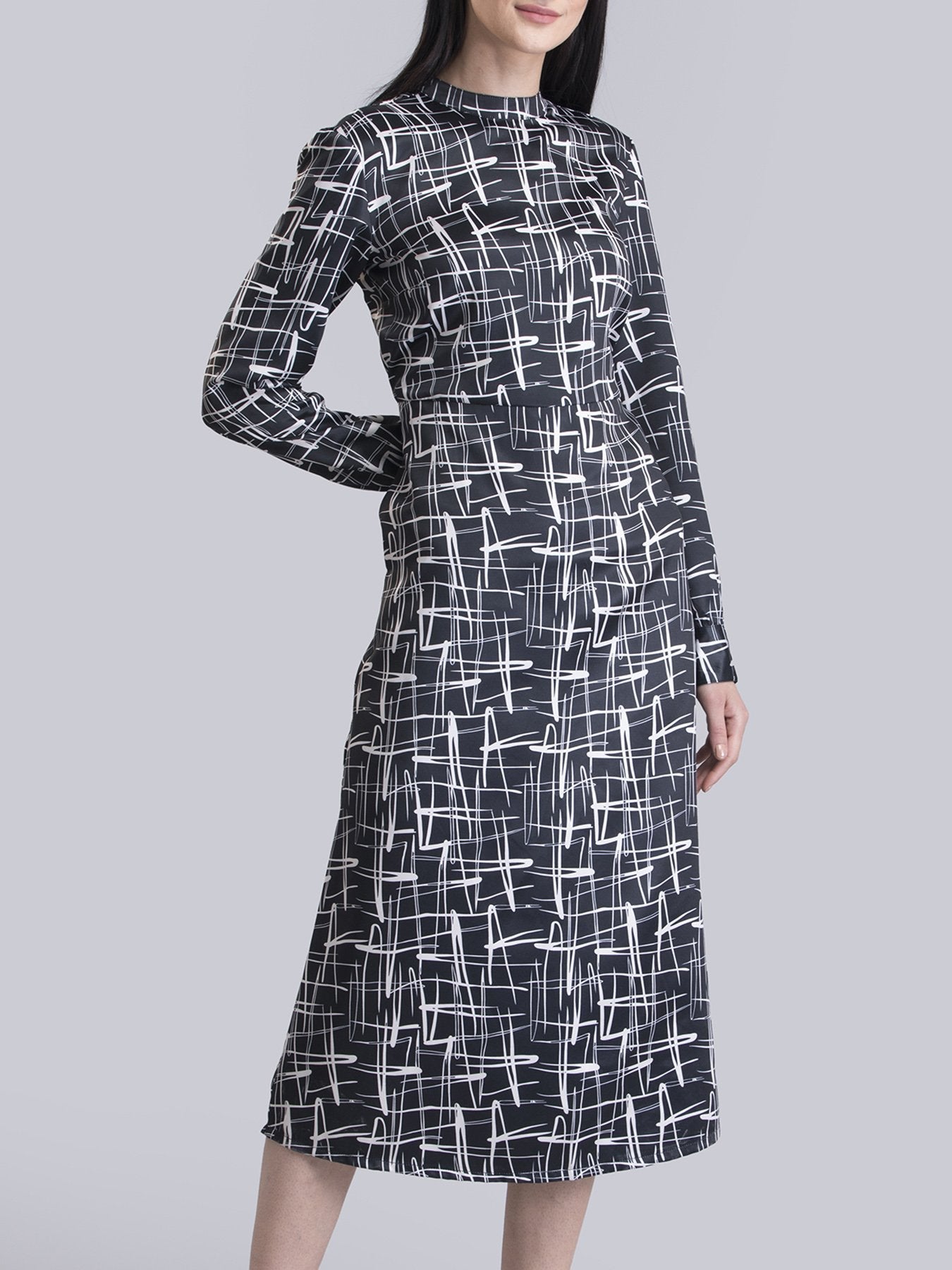 Satin Abstract Print A Line Dress - Black and White