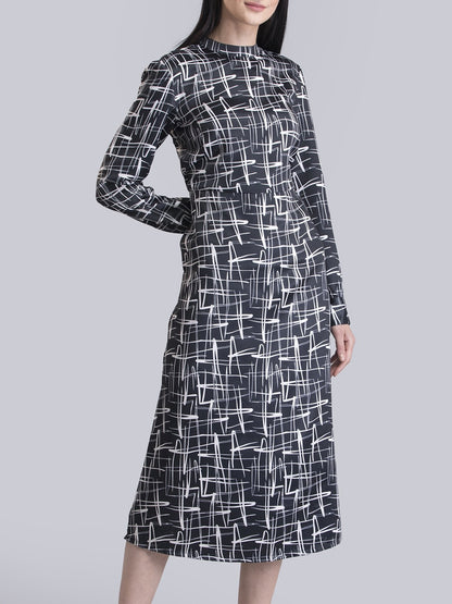 Satin Abstract Print A Line Dress - Black and White