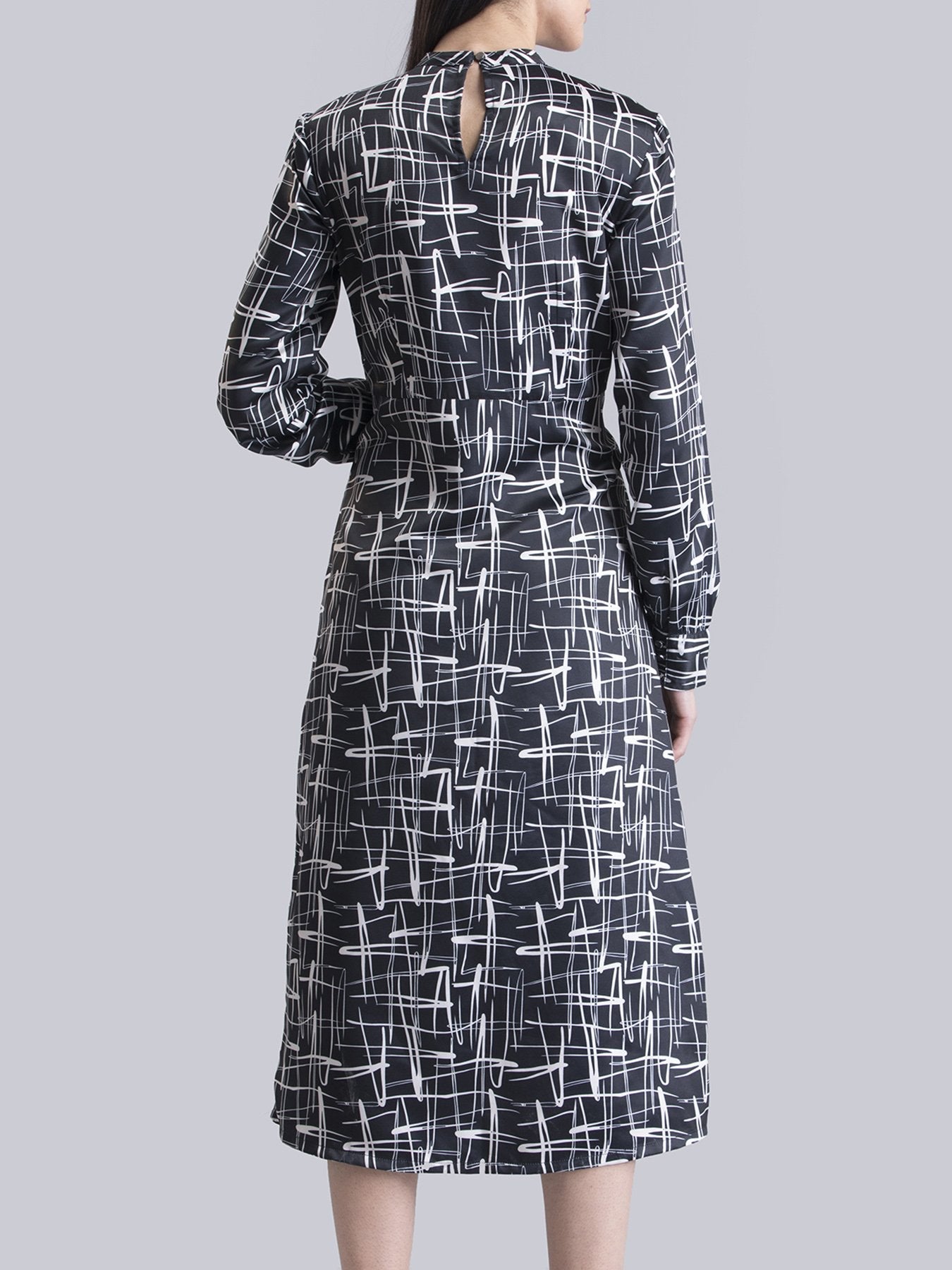 Satin Abstract Print A Line Dress - Black and White