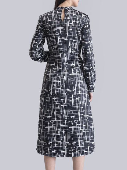 Satin Abstract Print A Line Dress - Black and White