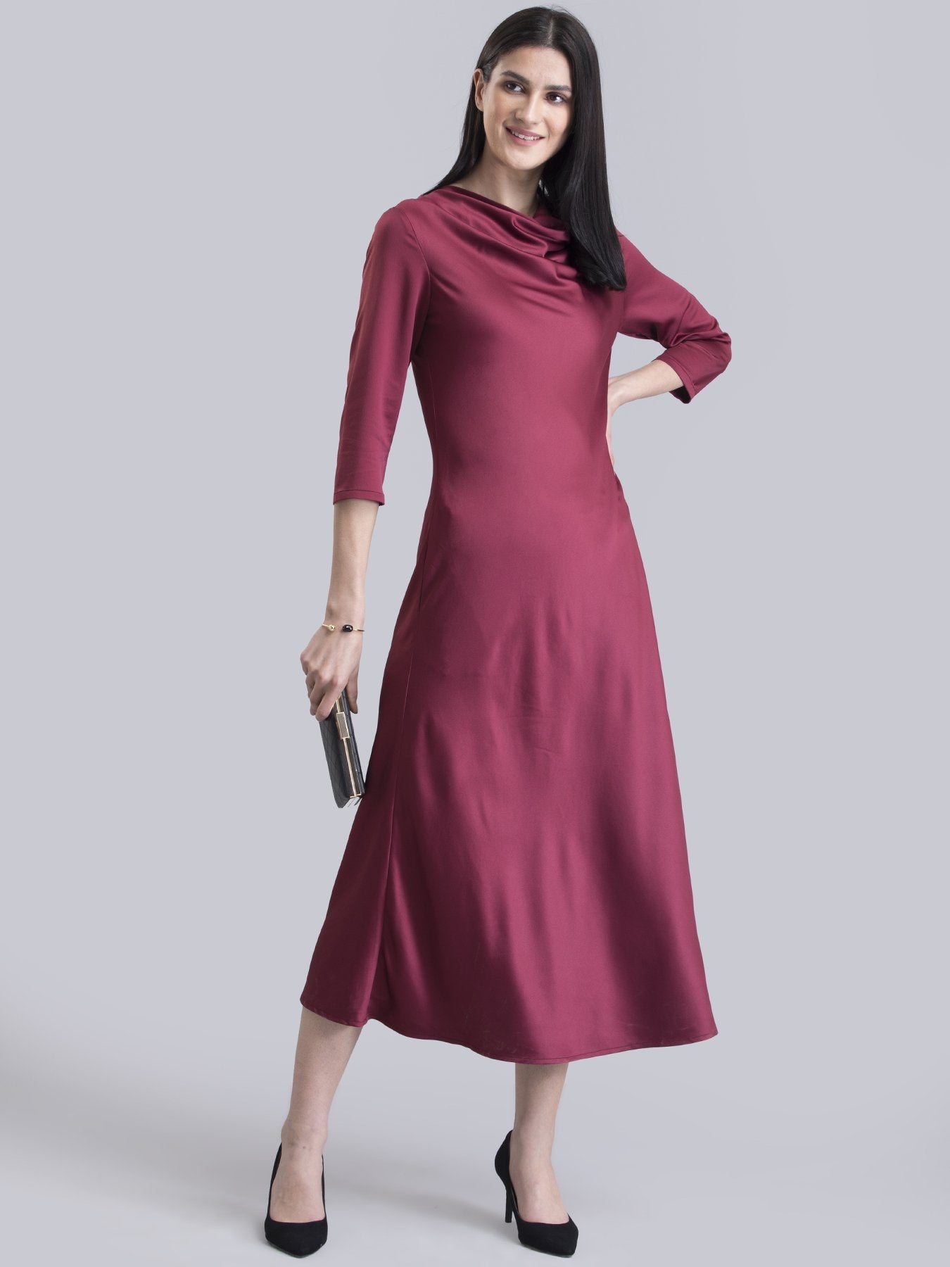 Satin Blend Cowl Neck A Line Dress - Maroon