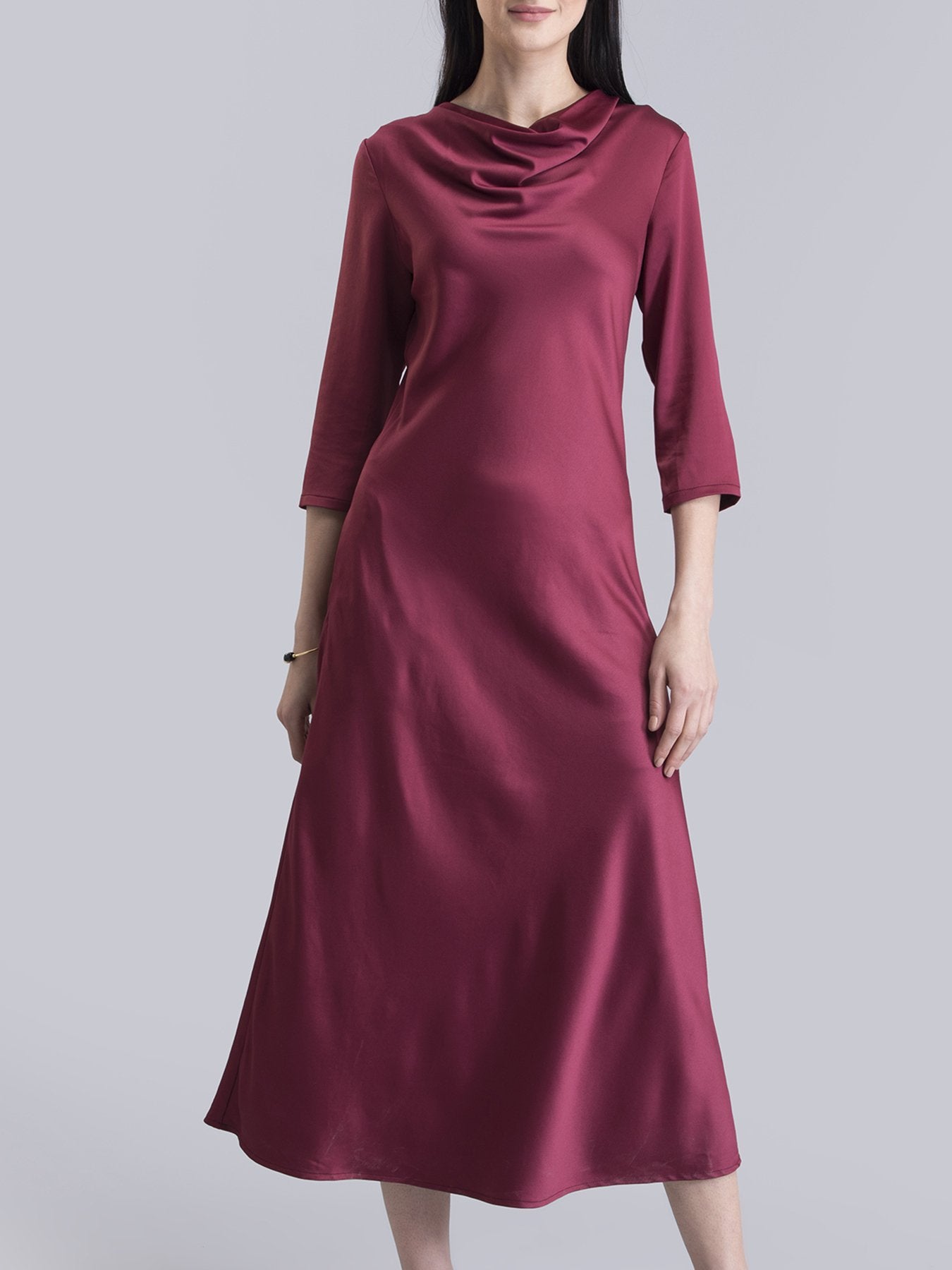 Satin Blend Cowl Neck A Line Dress - Maroon