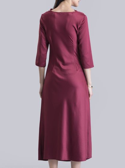 Satin Blend Cowl Neck A Line Dress - Maroon