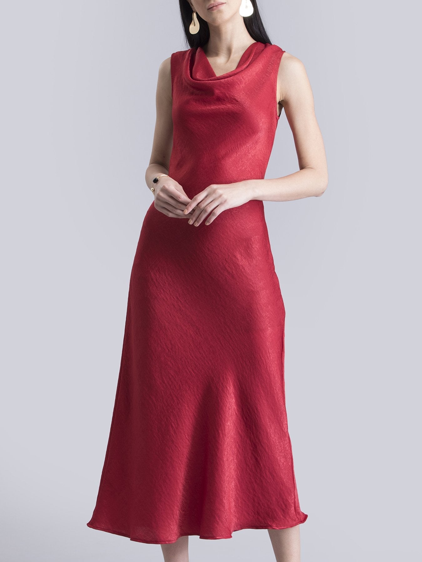 Satin Blend Cowl Neck Bias Dress - Red
