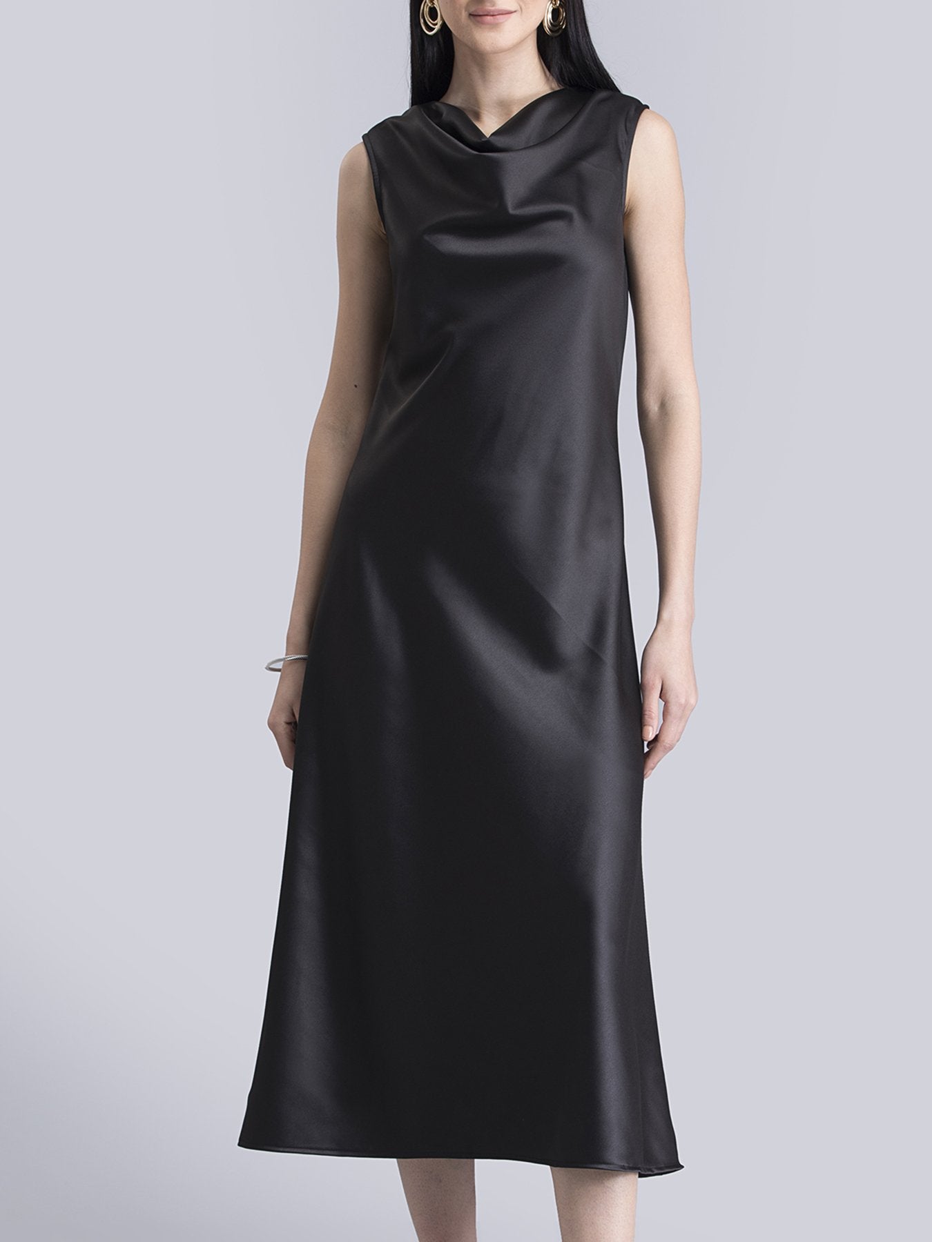 Satin Cowl Neck Midi Dress - Black
