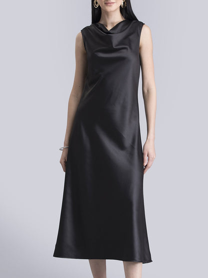 Satin Cowl Neck Midi Dress - Black