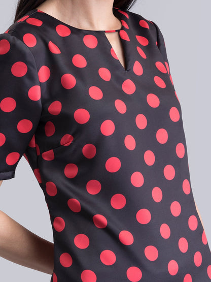 Satin Polka Dot A Line Dress - Black and Red