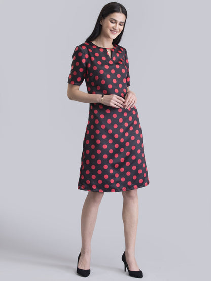 Satin Polka Dot A Line Dress - Black and Red