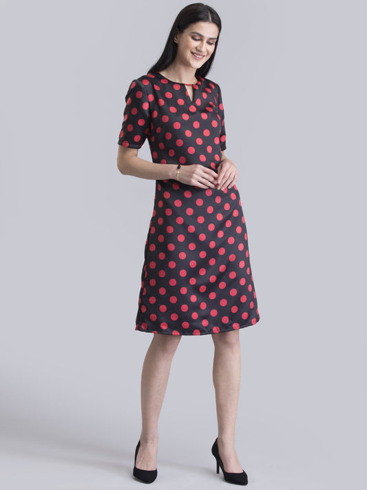 Satin Polka Dot A Line Dress - Black and Red