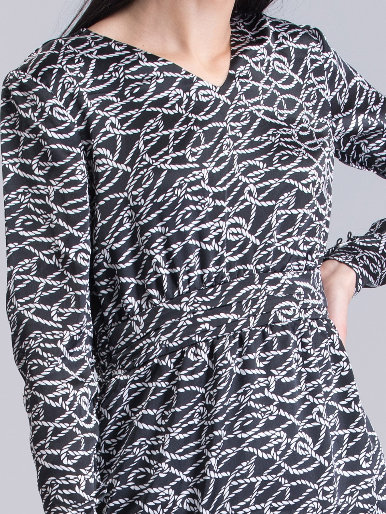 Satin Printed Front Slit Shift Dress - Black and White