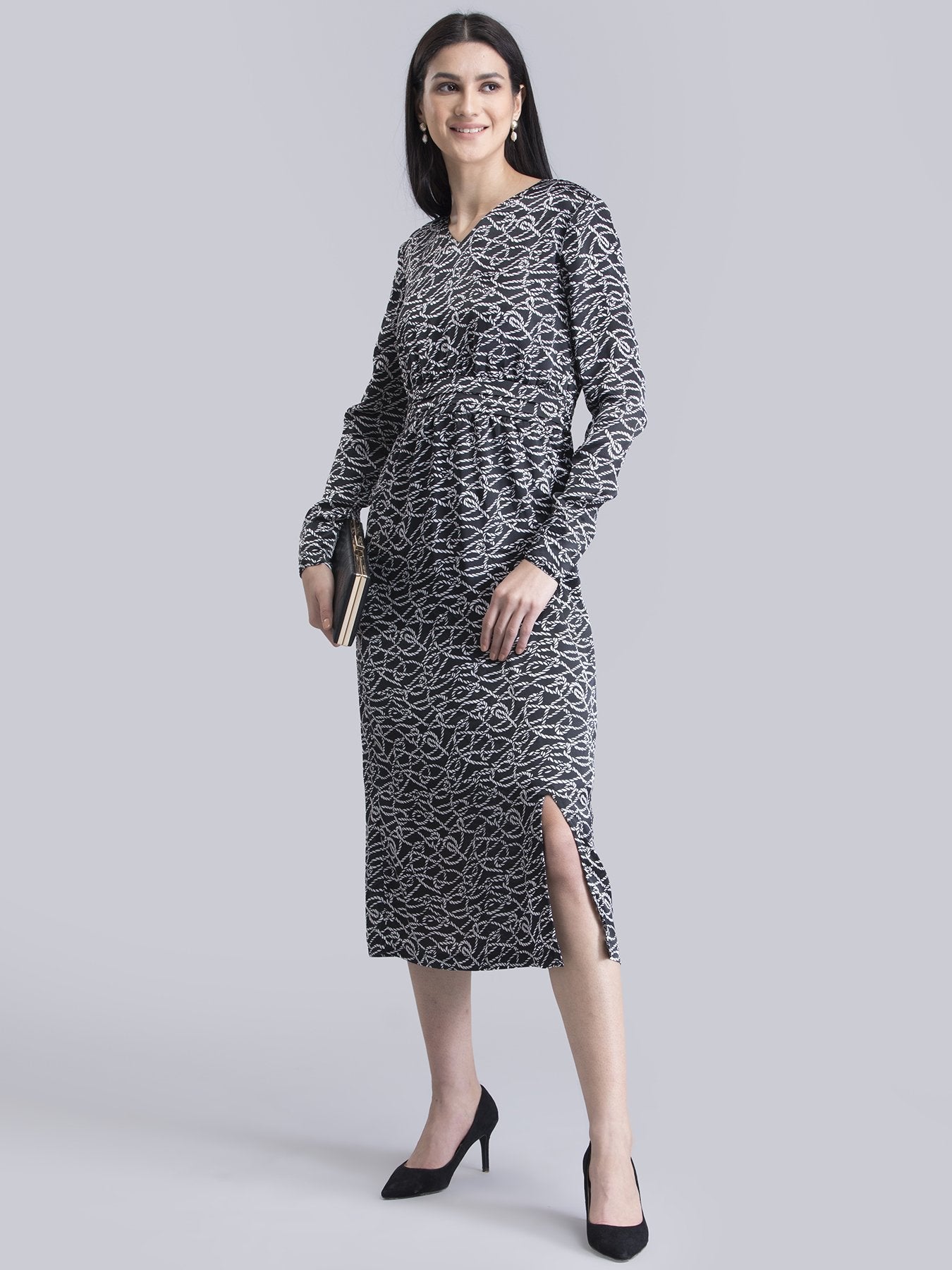 Satin Printed Front Slit Shift Dress - Black and White