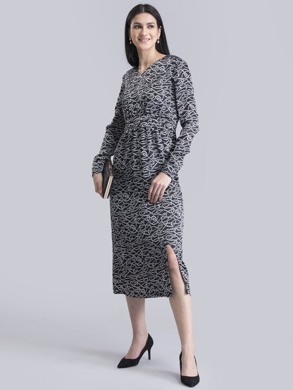 Satin Printed Front Slit Shift Dress - Black and White