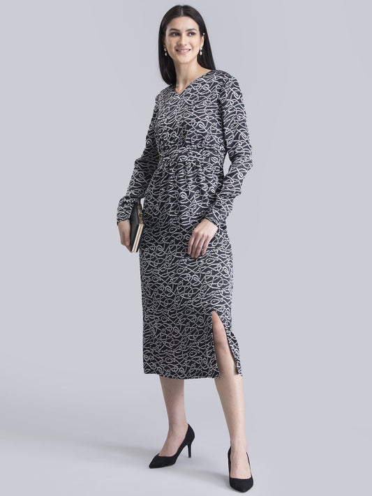 Satin Printed Front Slit Shift Dress - Black and White