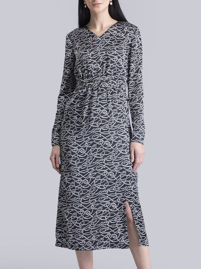 Satin Printed Front Slit Shift Dress - Black and White