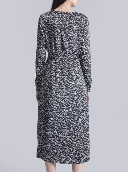 Satin Printed Front Slit Shift Dress - Black and White