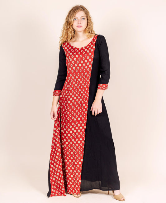 Scoop Neck Hand Block Printed Floor Length Wrapper Dress